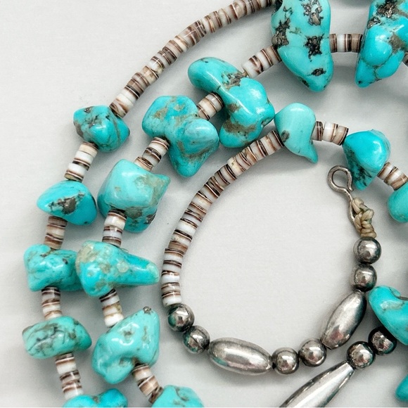 Vintage Southwestern Turquoise Nugget Heishi Sterling Silver Necklace - Picture 6 of 10